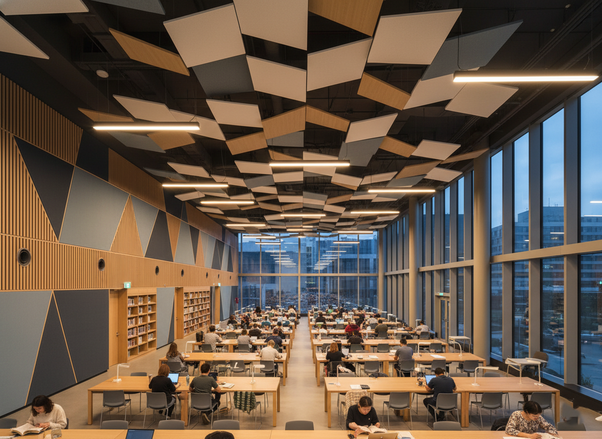 Academic library reading room with suspended acoustic ceiling panels and students studying